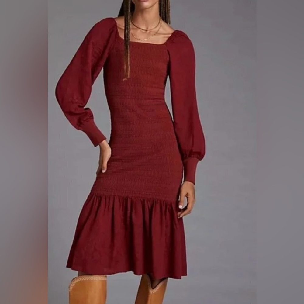 By Anthropologie Long Puffed Sleeve Flounced Smocked Bodycon Midi Dress* ZB3